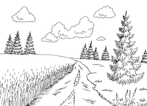 Field road graphic black white rural landscape sketch illustration vector 