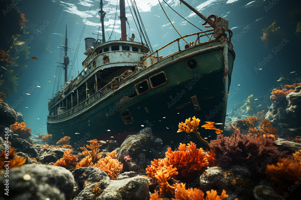 Leinwandbilder a shipwreck adorned with colorful marine growth and surrounded by a vibrant array of fish, generativ