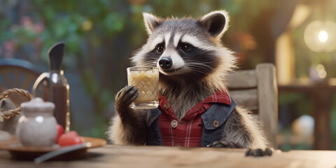 Adorable Raccoon Enjoying Coffee and Cake at the Table - AI generated