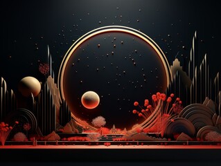 Futuristic forest in black, golden and red colors, abstract geometric natural landscape scene. visualization AI