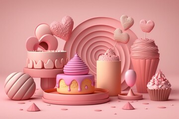 Valentine's dessert feast with cupcake, cake, tart & donut on pink backdrop. 3D model. Generative AI