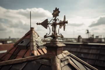 Weather vane on an aged rooftop, showcasing a weathered appearance. Generative AI