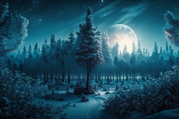 Blue winter environment with glittering forests and open space. Generative AI