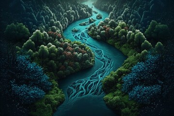 Artificial river running through lush forest. Generative AI