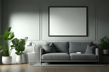 Blank poster on grey wall in home livingroom with 3D design and decoration. Generative AI