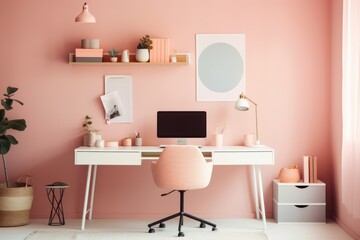 Fototapeta premium Illustration of a home office with pink walls and a white desk, created using generative AI technology