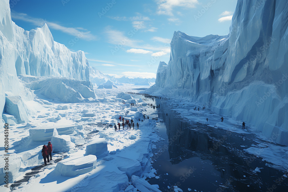 Poster a drone view of a massive iceberg, showcasing its sheer size and grandeur against the backdrop of an