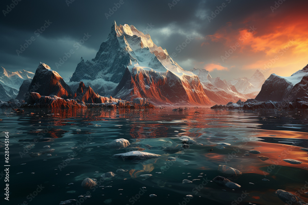 Poster A serene image of an iceberg floating peacefully in still waters, creating a reflection that doubles its beauty and magnificence.  Generative AI technology.
