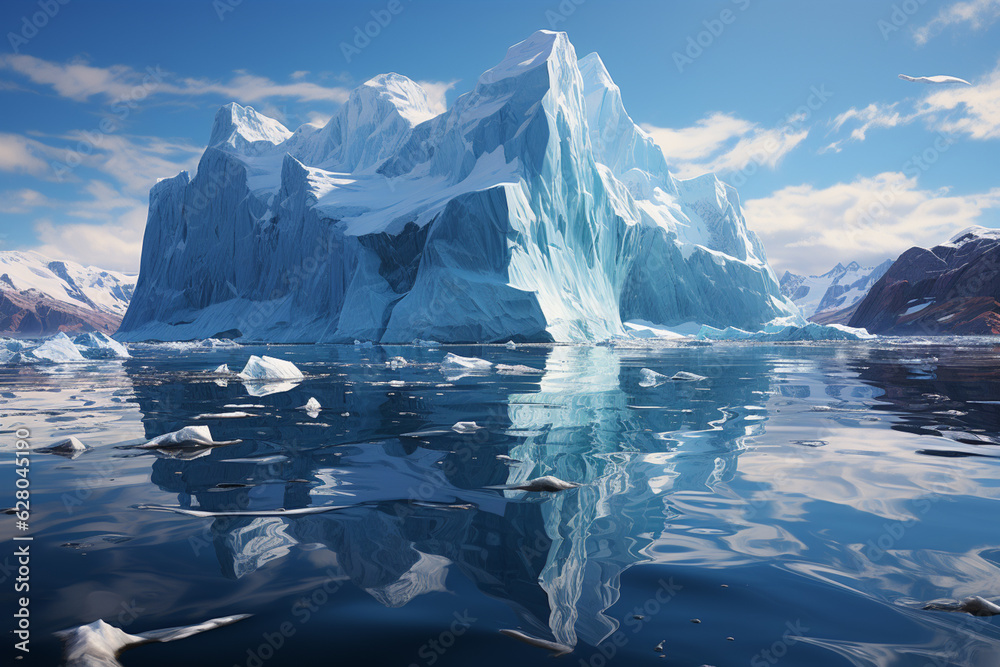 Poster A serene image of an iceberg floating peacefully in still waters, creating a reflection that doubles its beauty and magnificence.  Generative AI technology.