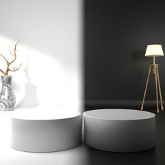 A room with color transition from white to black and minimal decoration and two podiums for product display. 3D rendering