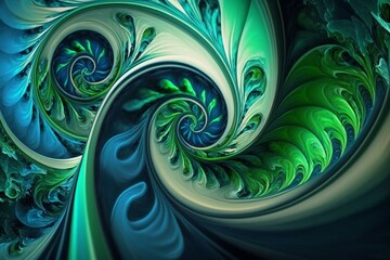 Abstract dynamic swirls in shades of green and blue create a captivating background. Generative AI