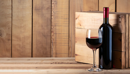 Red wine bottle in box in front of wooden wall. With copy space