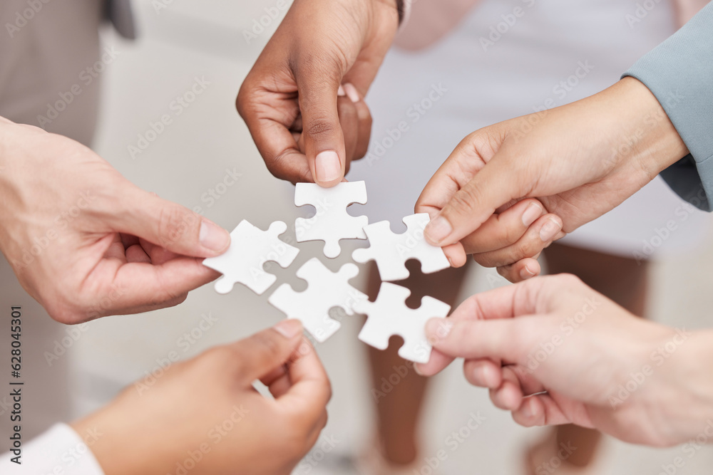 Aufkleber business people, hands and puzzle for teamwork, mission and problem solving of challenge, synergy an