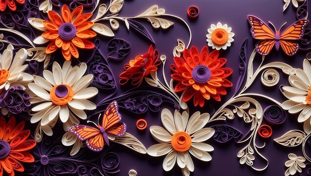 Paper art style colorful florals butterflies seamless pattern design wallpaper generated by AI