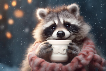 Obraz premium Cheerful Raccoon Sipping Hot Cocoa on a Winter Evening with Cozy Scarf and Jacket - AI generated