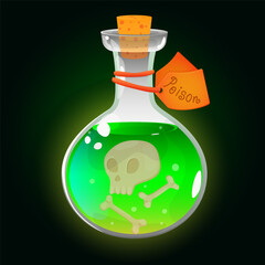 Magic potion, poison in a bottle. Magic elixir game icon, skull and bones. Design element, vector illustration.