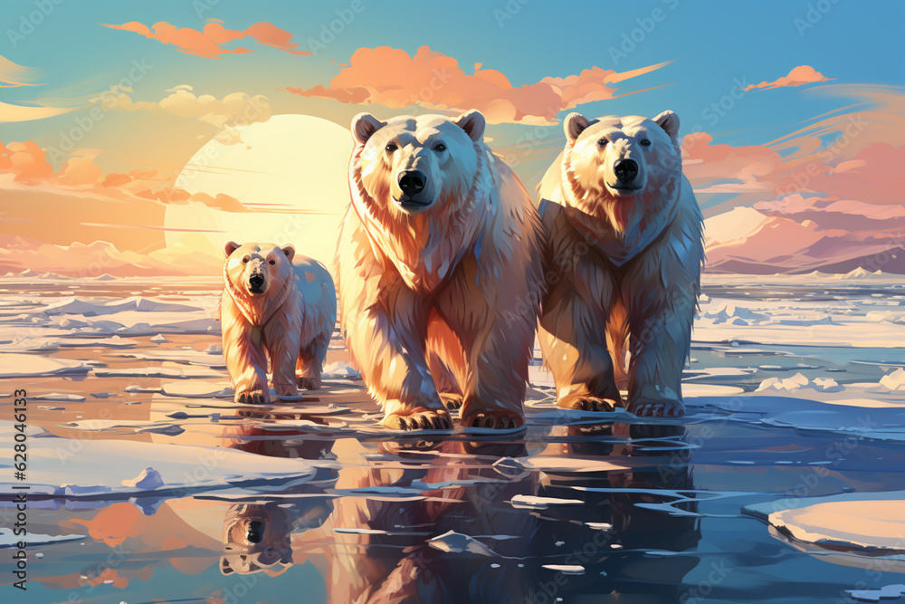 Poster A composition of multiple icebergs, their varied shapes and sizes forming an enchanting mosaic, reminiscent of an abstract artwork.  Generative AI technology.