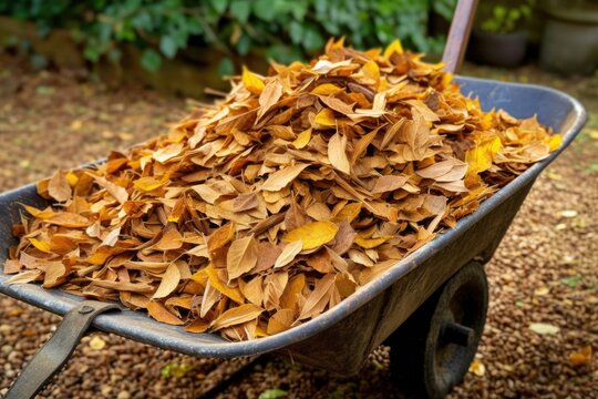 close-up of raked leaves in a wheelbarrow