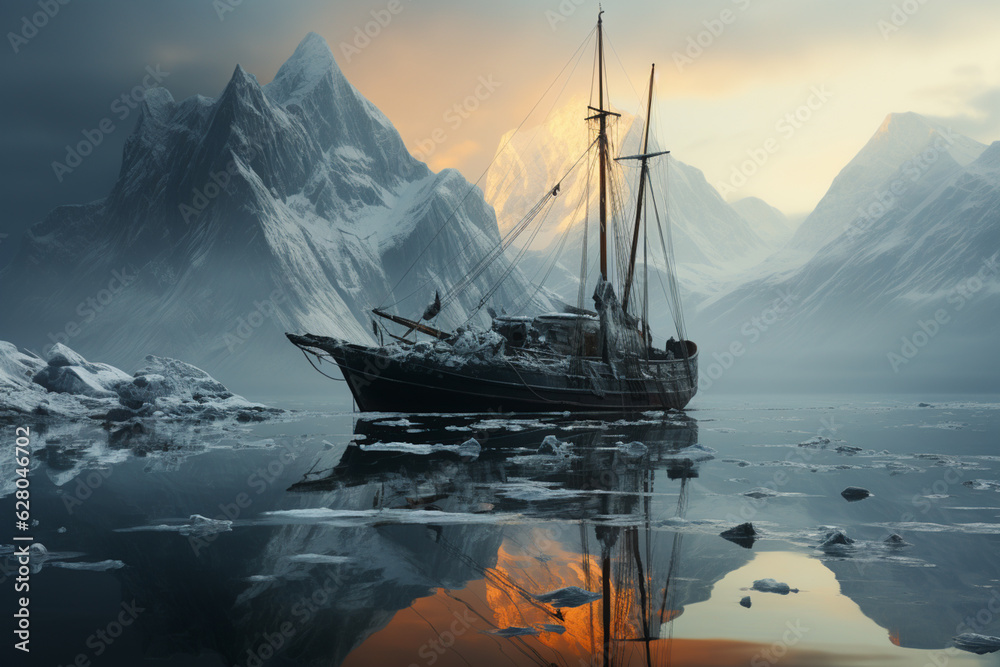 Poster an iceberg floating in the midst of a foggy landscape, its imposing presence shrouded in mystery, ev