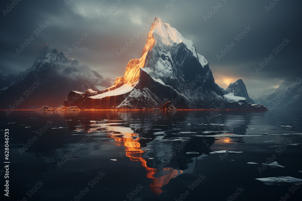 Poster an iceberg floating in the midst of a foggy landscape, its imposing presence shrouded in mystery, ev