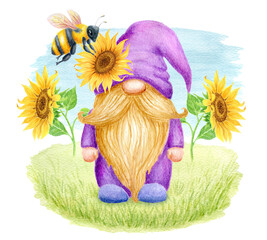 Cute summer Gnome and bee with sunflowers on green lawn. Holiday card design. Watercolor drawing.