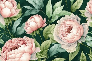 Watercolor peony pattern, seamless. Generative AI