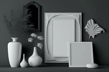 White photo frame on a monochrome wall with decor pieces, created digitally. Generative AI