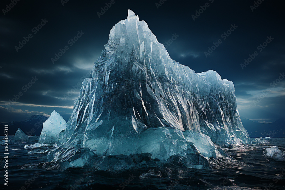 Poster iceberg's tip, revealing its crystalline texture and the intricate details that make each iceberg a unique work of art.  Generative AI technology.