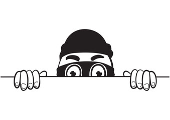 Sneaky thief, wearing a mask, and poking fun as he peeks mischievously from behind the wall, vector illustration