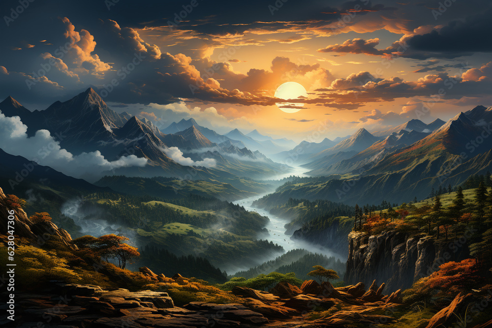 Poster a serene and misty morning sunrise over a mountain range, casting a soft glow on the landscape gener