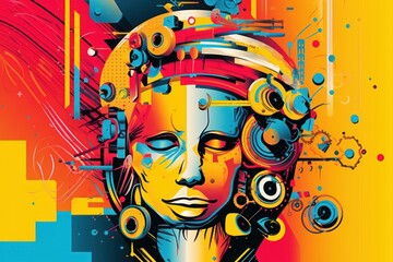 Fototapeta premium Illustration of a vibrant and abstract portrait of a woman with a colorful background, created using generative AI