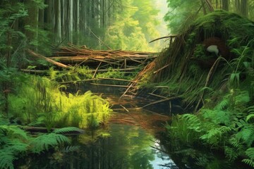 beaver dam surrounded by lush greenery - obrazy, fototapety, plakaty