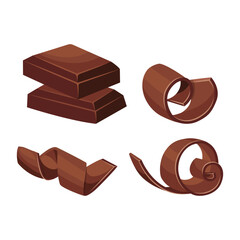 Chocolate pieces and milk chocolate curls, shavings. Vector illustration