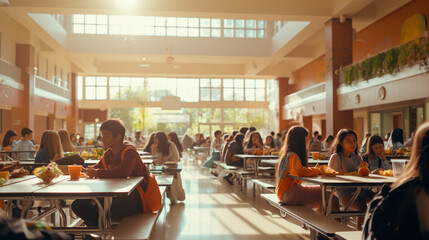 The social pulse of school life - an everyday scene from a school cafeteria during lunch break - obrazy, fototapety, plakaty