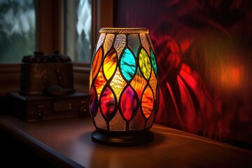 colorful stained-glass bedside lamp in the dark
