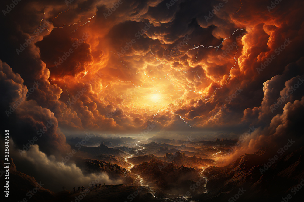 Poster capturing the intricate details of the sun's rays breaking through the clouds, creating a celestial spectacle. Generative AI technology.