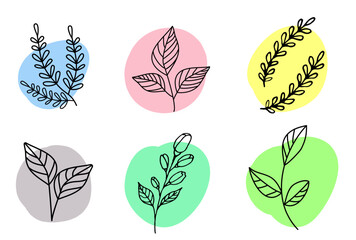 Fototapeta na wymiar set design line art plants, vector illustration. Colored spots on a white background