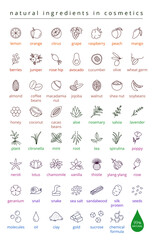 Natural ingredients in cosmetics vector icons set, editable stroke