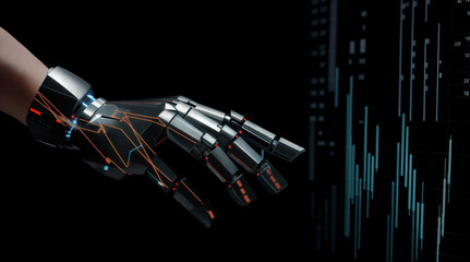 bot robot android hand touching stock charts. AI generative.