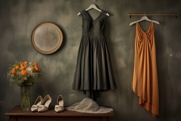 dress on hanger with elegant shoes and accessories nearby