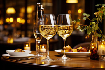 two beautiful glasses of white wine in a modern restaurant against the background of blurred lights garlands