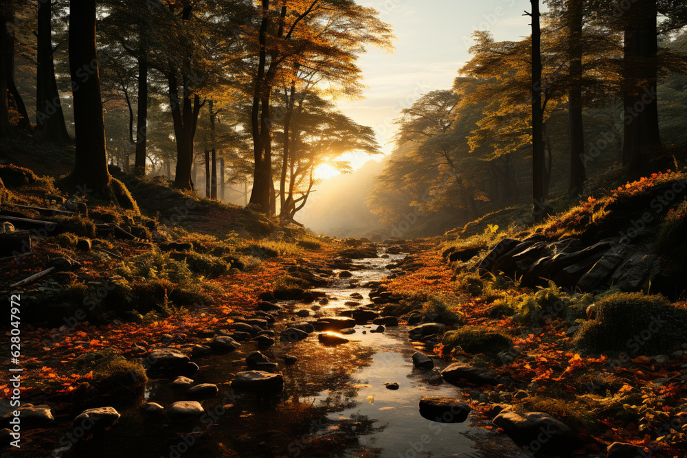 Poster A misty and atmospheric sunrise over a forest, with the sun's rays filtering through the trees, creating a mystical and enchanting scene.  Generative AI technology.