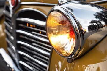 close-up of polished classic car headlights