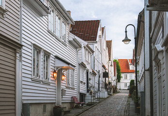 street with white houses of the old town of Stavanger in Norway