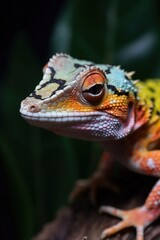 Naklejka premium Close-up portrait of a colorful gecko lizard hiding through vegetation, against dark background. Image generated with AI.