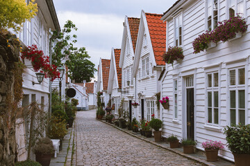 white houses with a red roof in the town of Stavanger, Norway