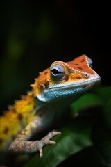 Obraz premium Close-up portrait of a colorful gecko lizard hiding through vegetation, against dark background. Image generated with AI.