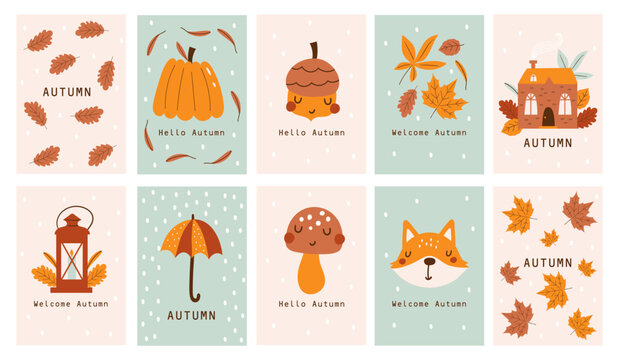 Autumn card set leaves, pumpkins, fox.  Welcome fall season thanksgiving invitation. Hello Autumn. Vector illustration