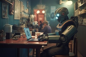 robot in a cafe taking online orders via laptop