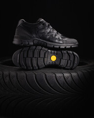 Comfortable reliable leather shoes specially designed for production workers on a black background